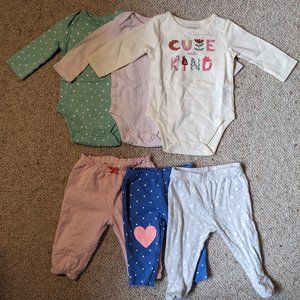 0-3 month bundle of 3 long sleeve onsies and 3 pants
